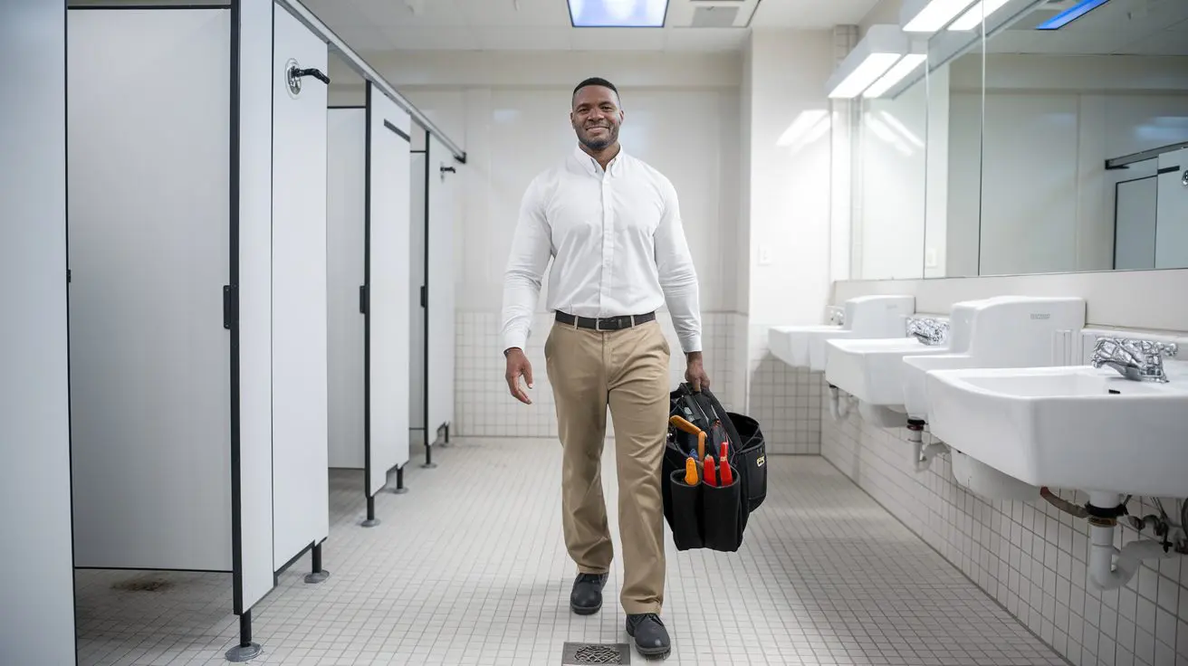 Commercial services plumber walking through bathroom with tool bag after completing repairs.