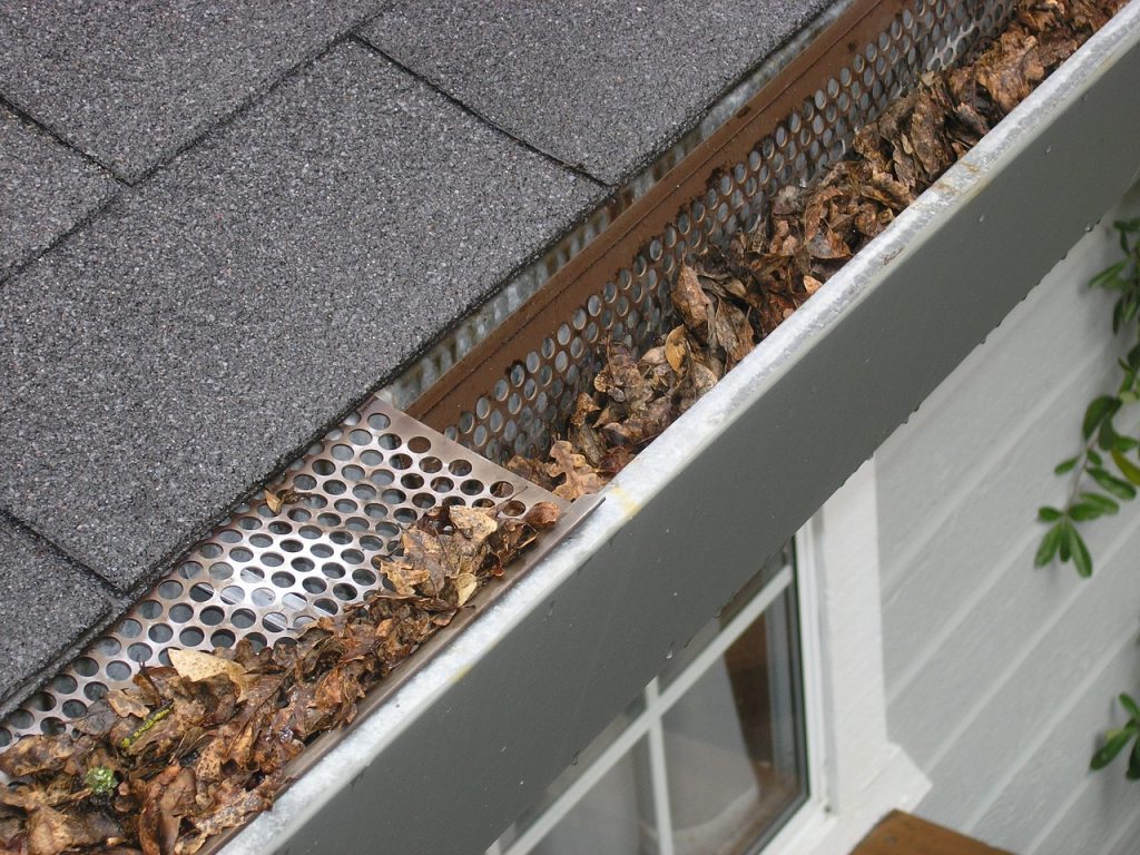 A gutter that is clogged with leaves.
