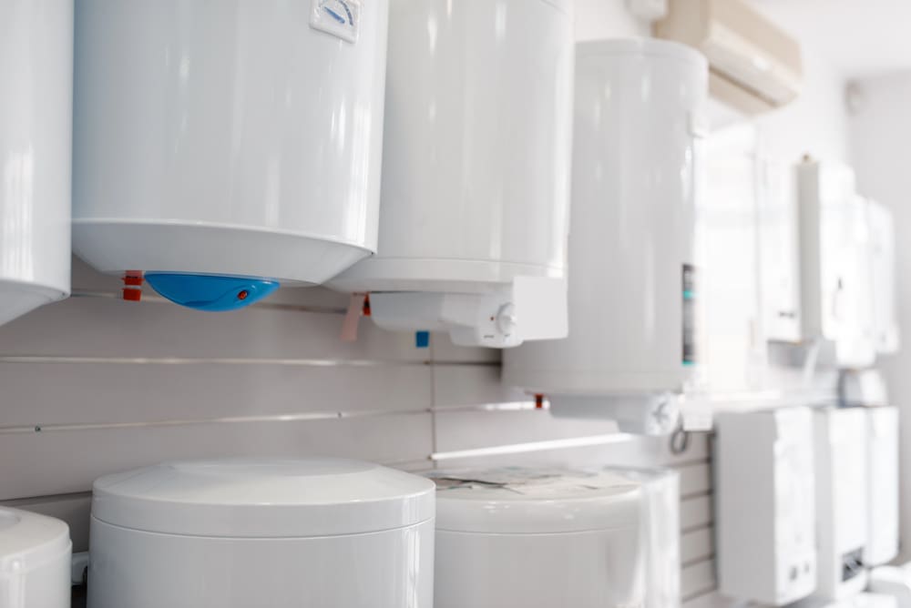 Different types of modern water heaters on display for replacement in San Francisco homes