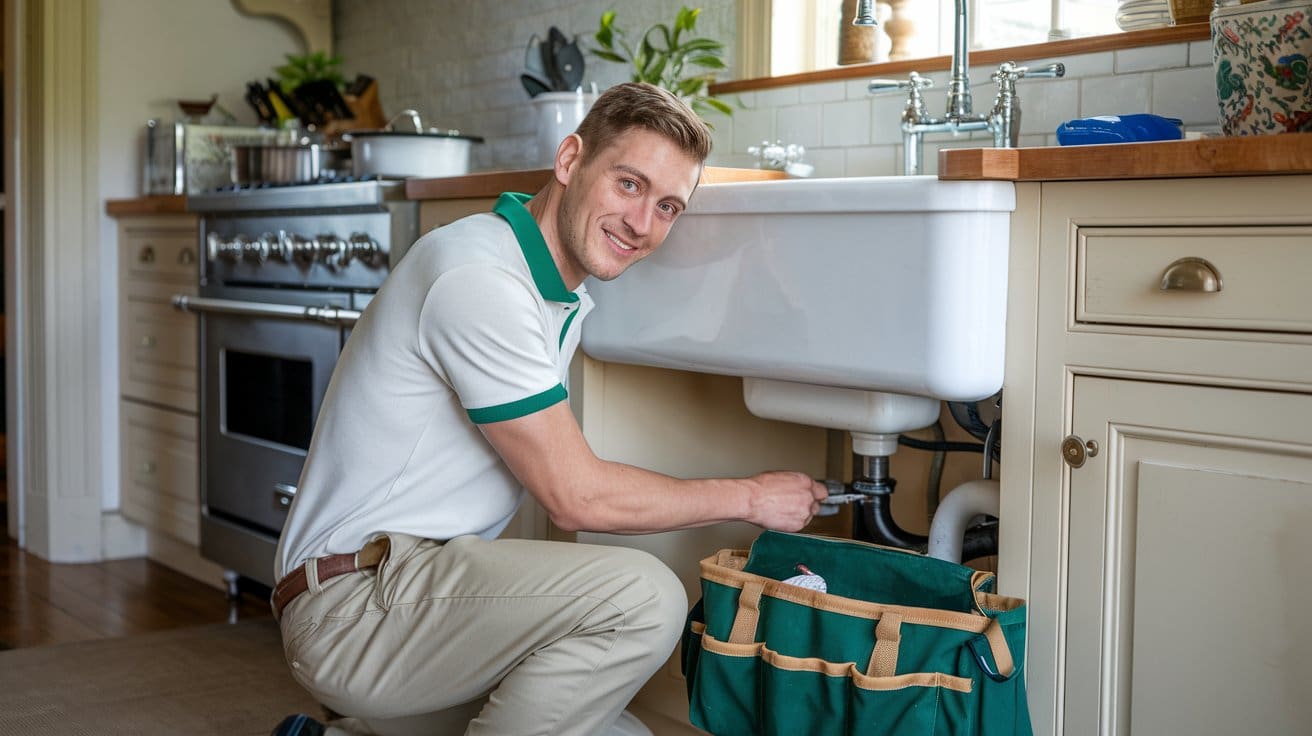 Professional providing affordable hydro jetting service while repairing kitchen sink plumbing with tools nearby.