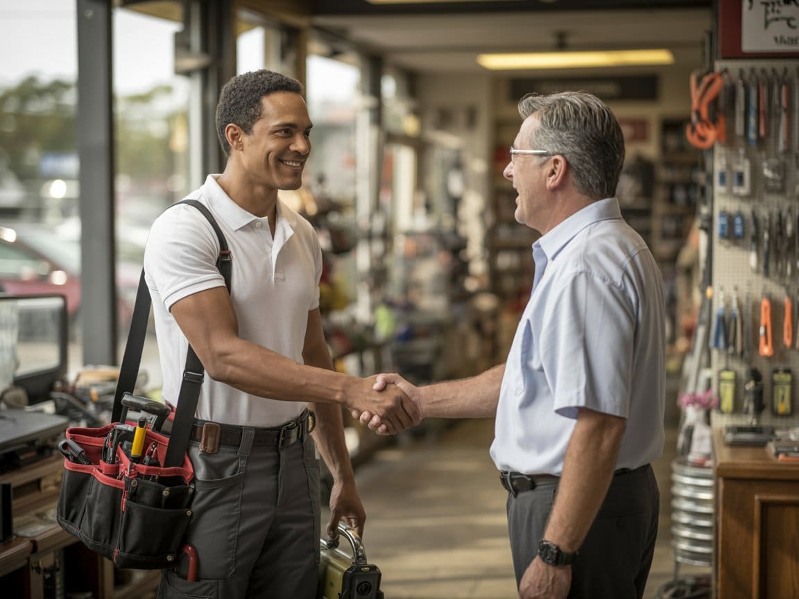 O'Grady Plumbing technician greeting small business client about backflow testing in San Francisco