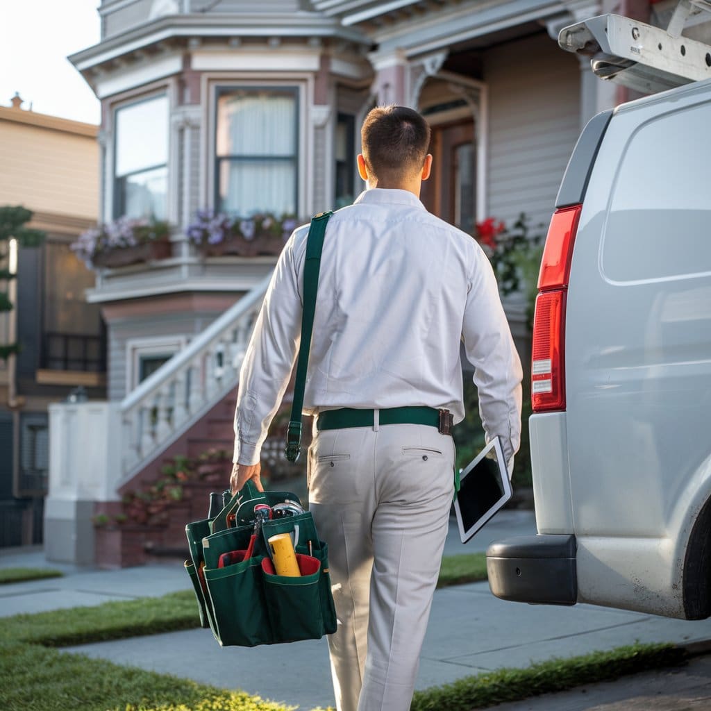 Professional hydrojet drain cleaning technician from O'Grady Plumbing approaching Victorian home.