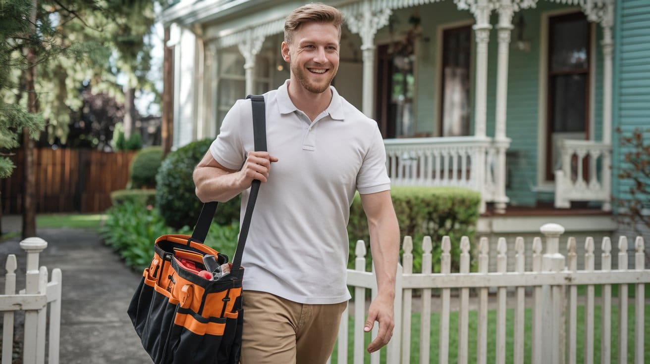 Professional after successful hydrojet drain cleaning services leaving a historic SF home with tools.