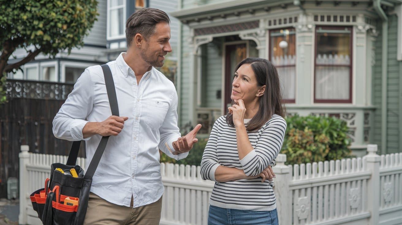 Trenchless sewer repair professional from O'Grady Plumbing discussing options with homeowner outside house.