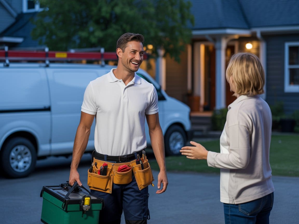 24-hour plumber San Francisco technician arriving at customer's home in evening for emergency service