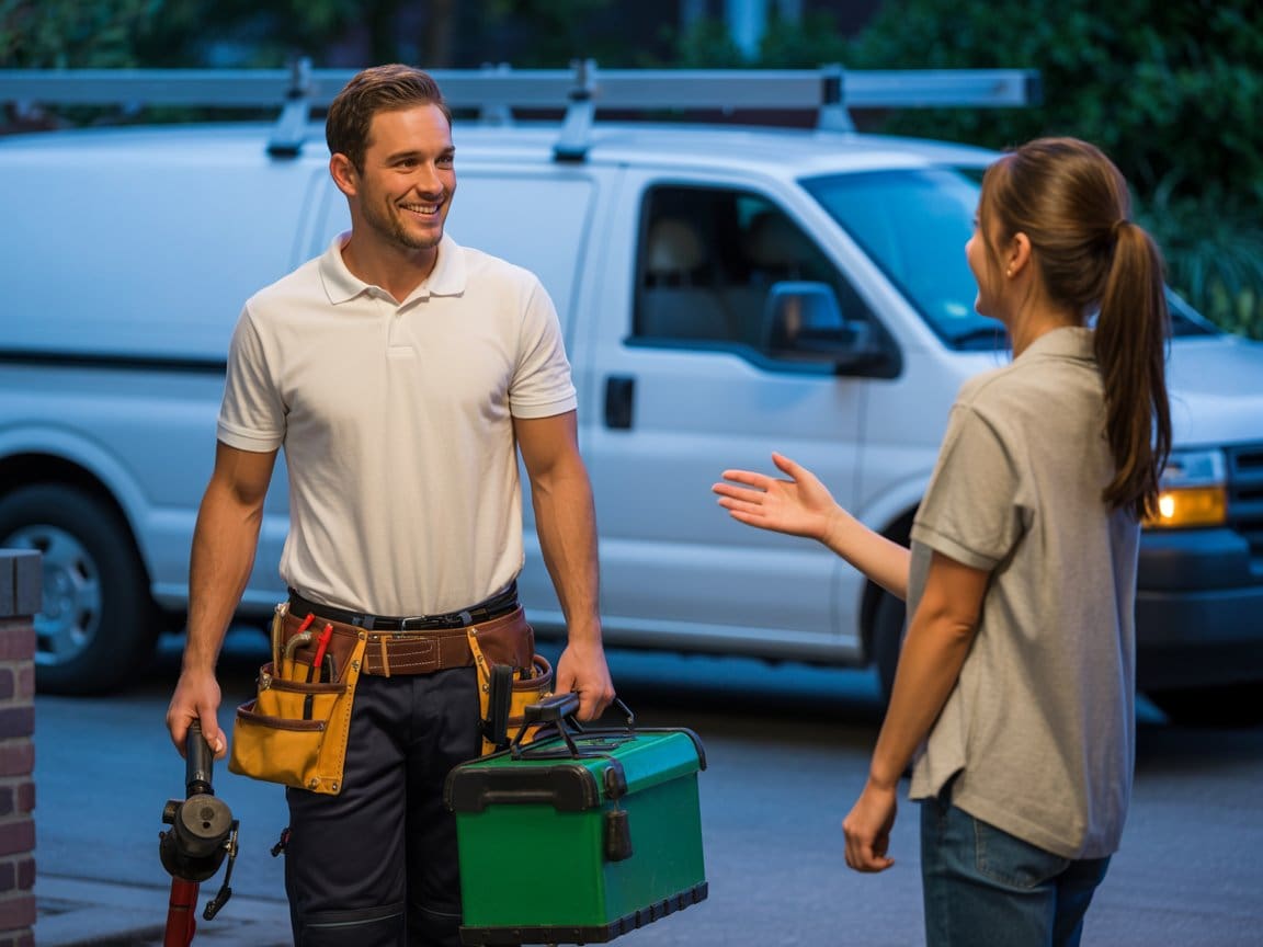 24-hour plumber San Francisco technician greeting customer at dusk with tools and service van