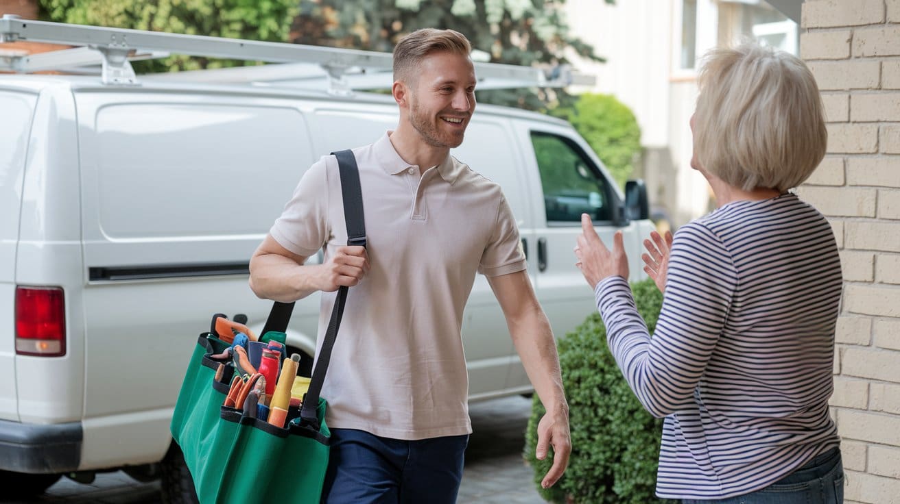 Drain cleaning San Francisco technician from O'Grady Plumbing arriving at customer's home with tools