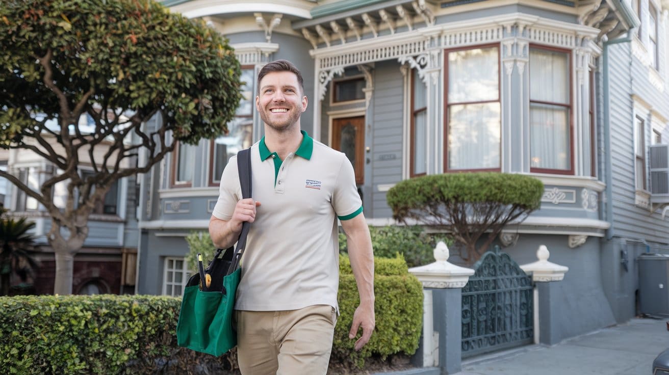 Satisfied emergency plumber San Francisco technician departing Victorian home after successful repair.