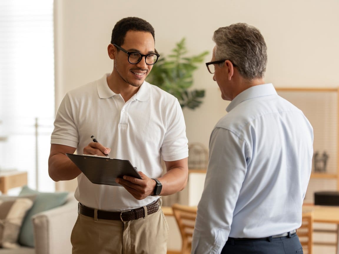 O'Grady Plumbing technician discussing hydrojetting San Francisco services with homeowner in living room