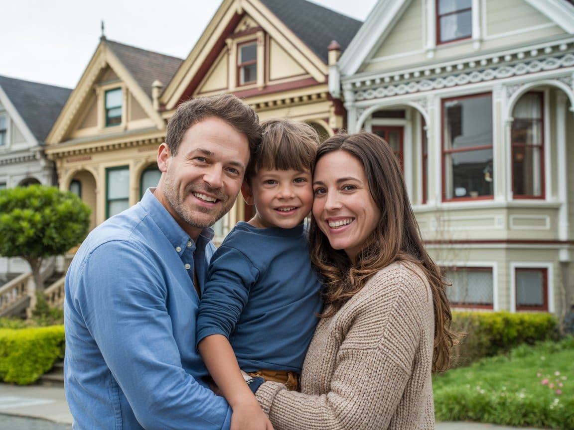 Family smiling after sewer line installation San Francisco service completed at their Victorian home