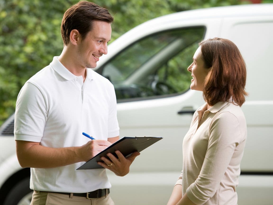 Sewer line installation San Francisco technician from O'Grady Plumbing discussing service with client