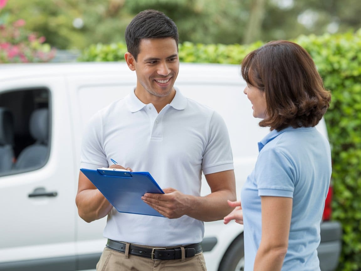 Garbage disposal installation San Francisco technician consulting with homeowner outside service van
