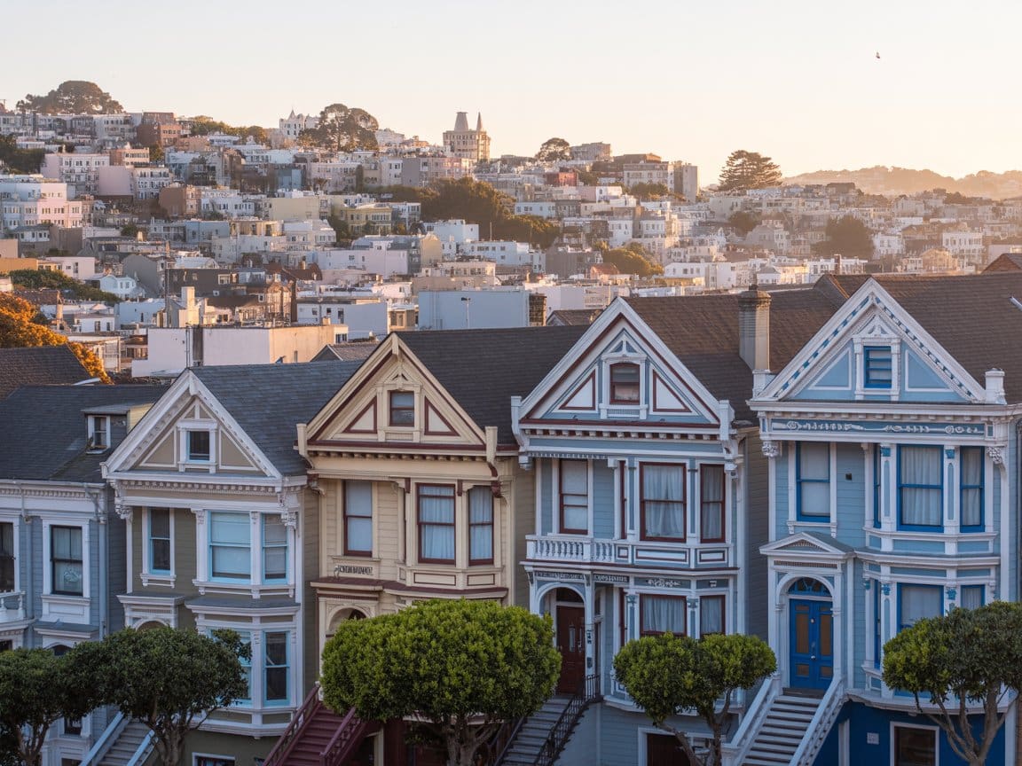 Toilet installation San Francisco Victorian houses Painted Ladies at sunset
