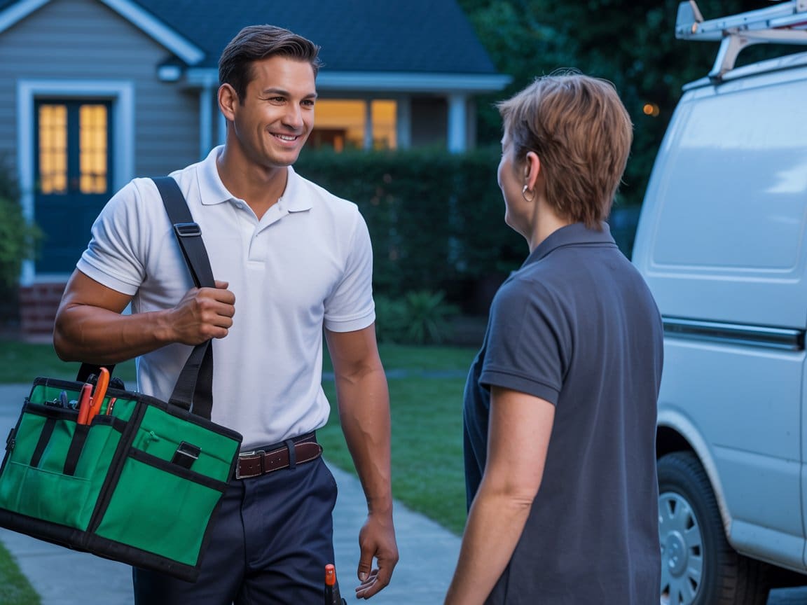 Toilet installation San Francisco plumber greeting customer with tool bag and van
