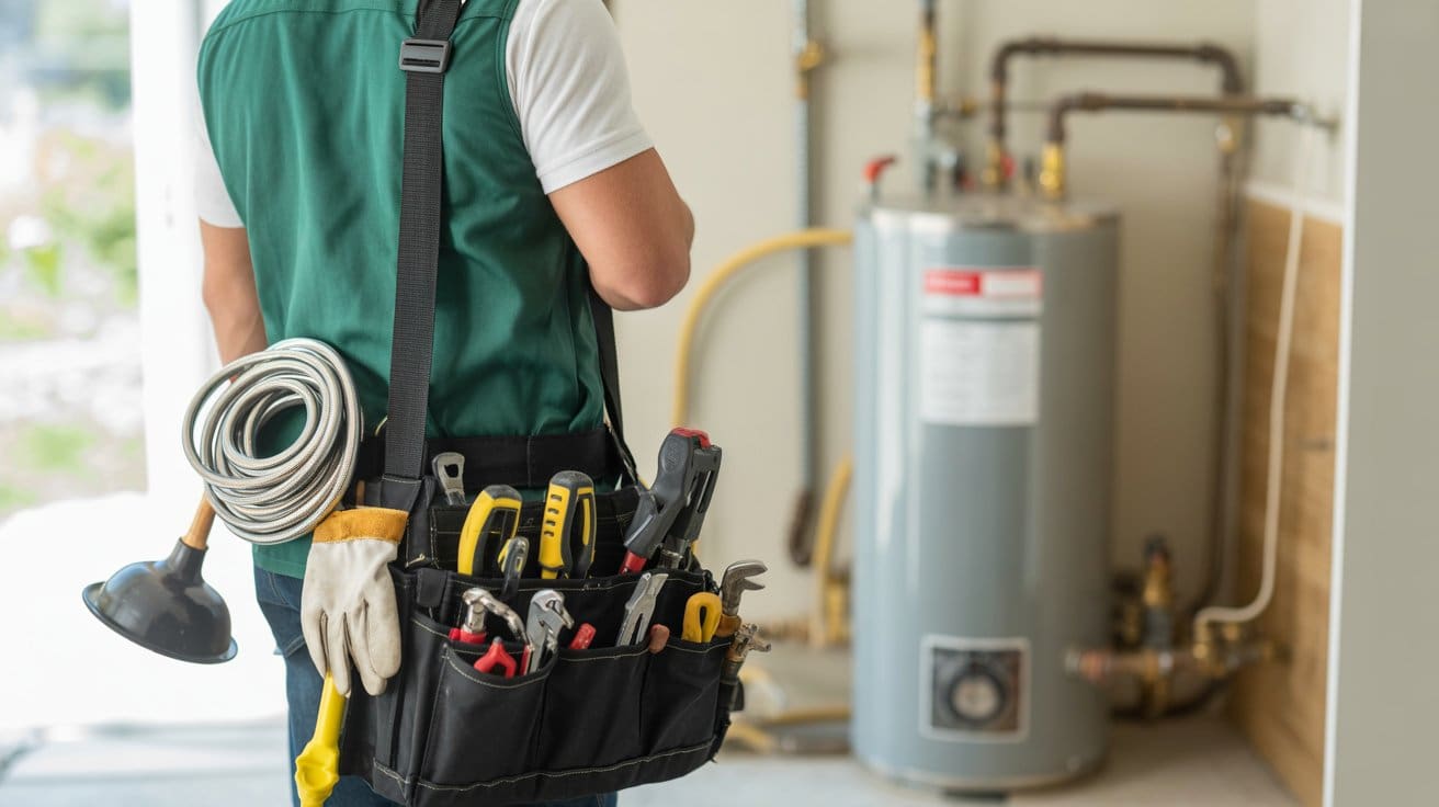 Water heater maintenance San Francisco plumber with tools arriving for scheduled service call